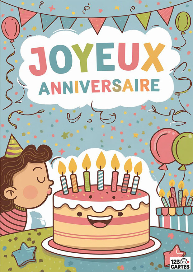 Carte d'anniversaire colorée avec un enfant soufflant des bougies sur un gâteau souriant, des ballons et des confettis sur fond joyeux.