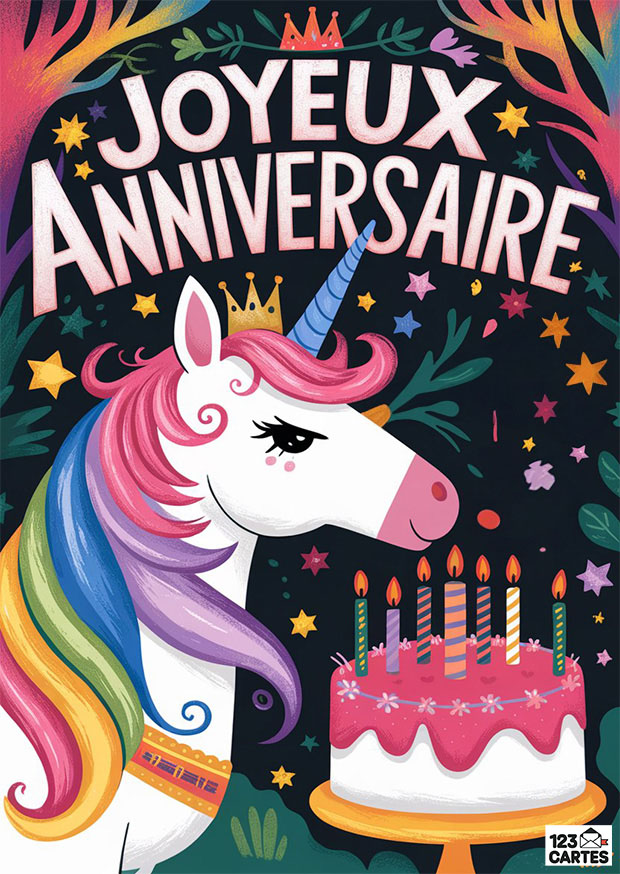 Licorne colorée avec crinière arc-en-ciel devant un gâteau d'anniversaire rose entouré de bougies et d'étoiles multicolores.