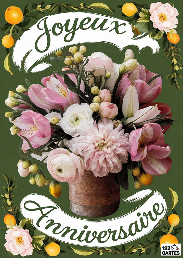 Bouquet de fleurs roses et blanches sur fond vert avec textes Joyeux Anniversaire en écriture cursive entouré de motifs fleuris.