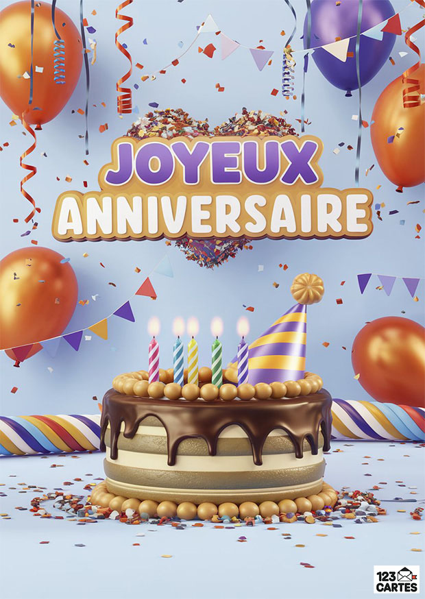 Gâteau d'anniversaire avec glaçage au chocolat, bougies allumées et chapeau de fête, entouré de ballons et de confettis colorés.