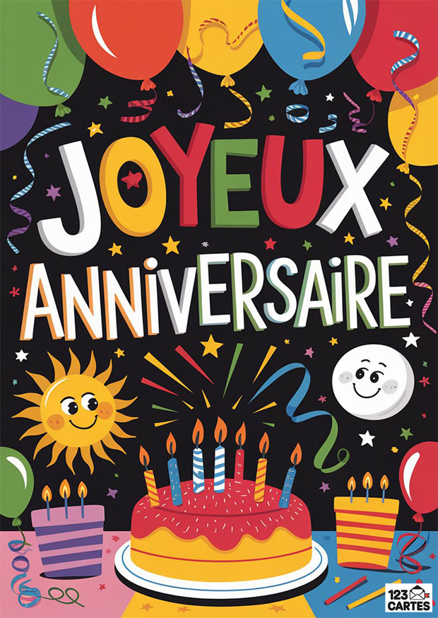 Carte d'anniversaire festive avec des ballons, gâteau avec des bougies, un soleil et une lune souriants sur fond noir coloré.