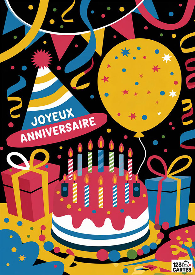 Chapeau de fête coloré, ballon jaune, gâteau avec bougies, et cadeaux sur fond noir, décorés de serpentins et fanions festifs.