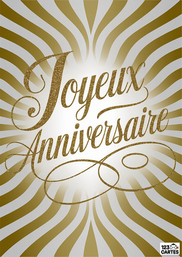 Texte Joyeux Anniversaire doré scintillant sur fond à rayures dorées et blanches. Design élégant et festif.