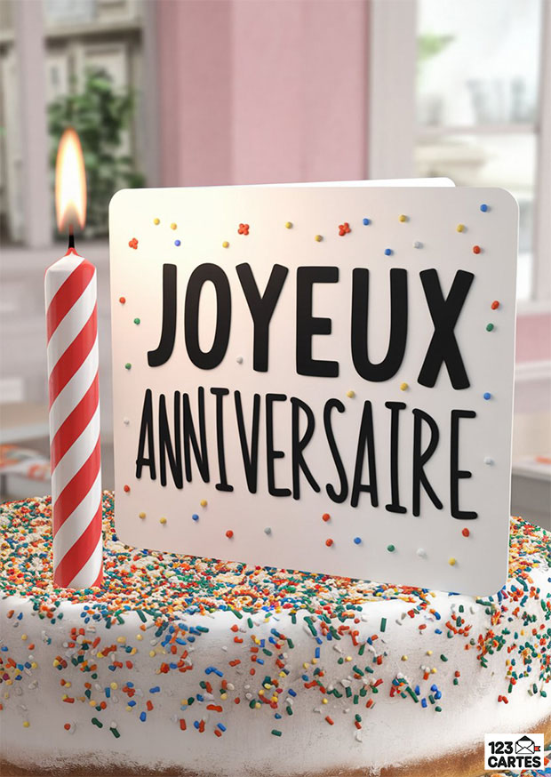 Carte d'anniversaire festive avec gâteau vanillé saupoudré et bougie rayée allumée, inscription Joyeux Anniversaire en lettres noires.