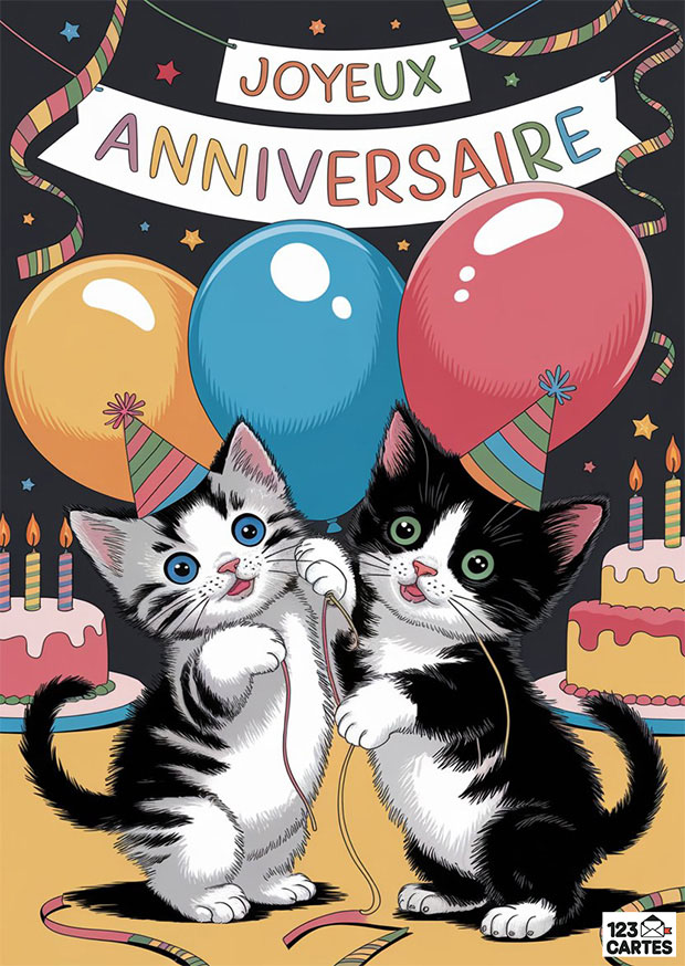 Chats mignons avec chapeaux de fête tenant des ficelles devant des ballons, gâteaux et écriteau Joyeux anniversaire.