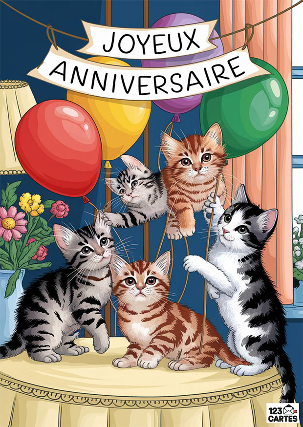 Cinq chatons mignons jouent avec des ballons colorés sur une table, sous une bannière Joyeux Anniversaire.