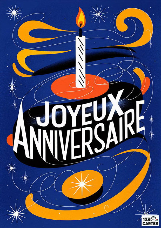Bougie allumée entourée de volutes et d'étoiles sur fond bleu avec texte Joyeux Anniversaire.