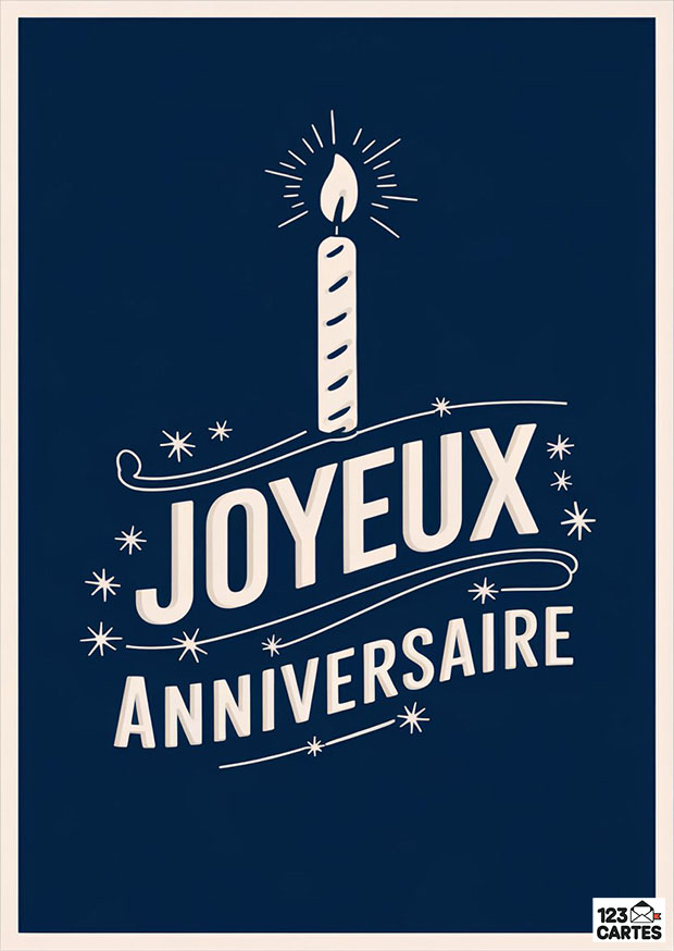 Bougie allumée avec texte Joyeux Anniversaire sur fond bleu, entourée d'étoiles stylisées.