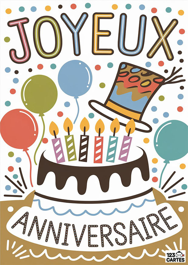Gâteau d'anniversaire coloré avec bougies multicolores, chapeau festif et ballons entourés de confettis.