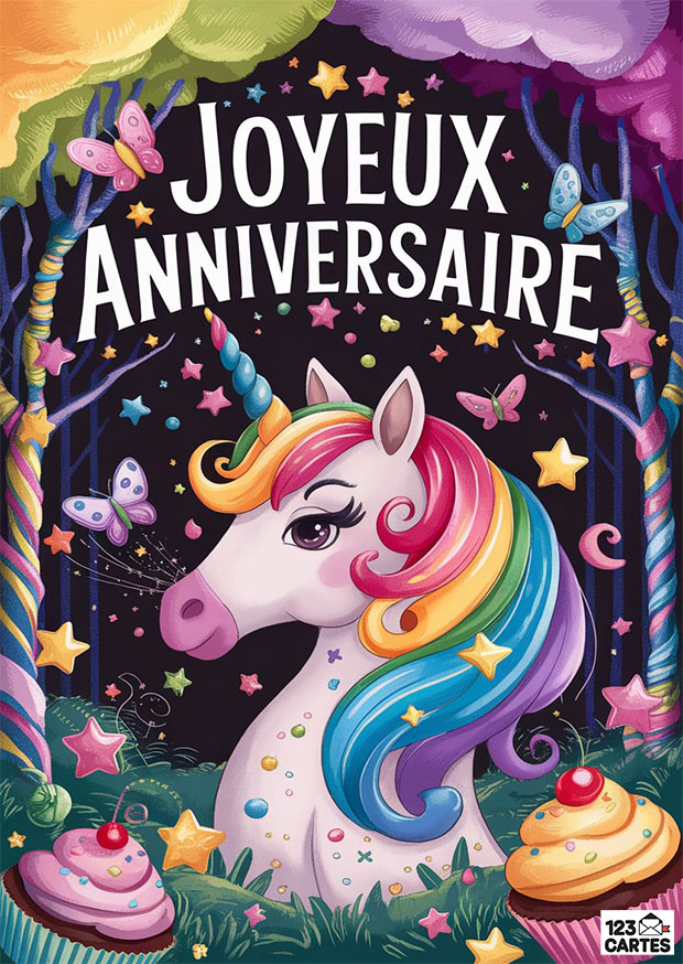 Licorne au crin arc-en-ciel entourée de papillons et cupcakes dans un décor étoilé.