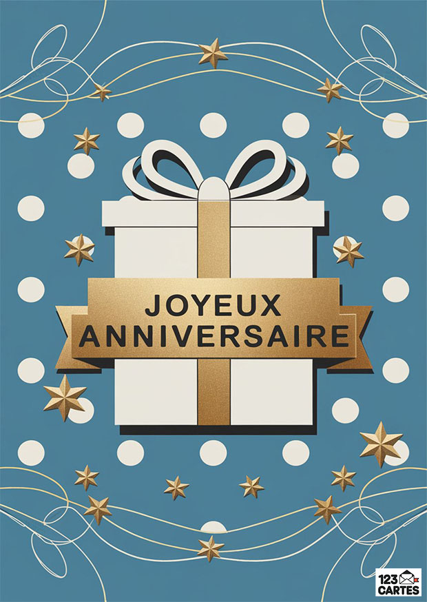 Boîte cadeau dorée sur fond bleu avec étoiles et pois, texte Joyeux Anniversaire en lettres noires.