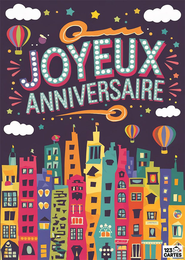 Ballons et gratte-ciels colorés sous un ciel étoilé avec Joyeux Anniversaire en lettres lumineuses.