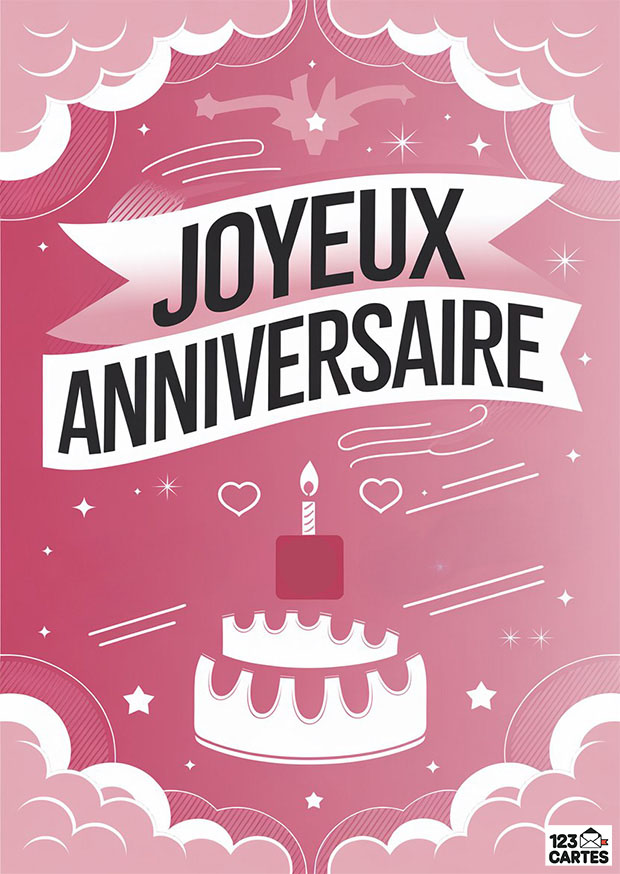 Carte d'anniversaire rose avec nuages, cœur, étoiles et gâteau à une bougie. Joyeux Anniversaire en lettres capitales.