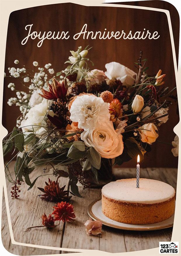 Carte d'anniversaire élégante avec bouquet de fleurs et gâteau. Candle, nature, festive. Joyeux Anniversaire inscrit en haut.