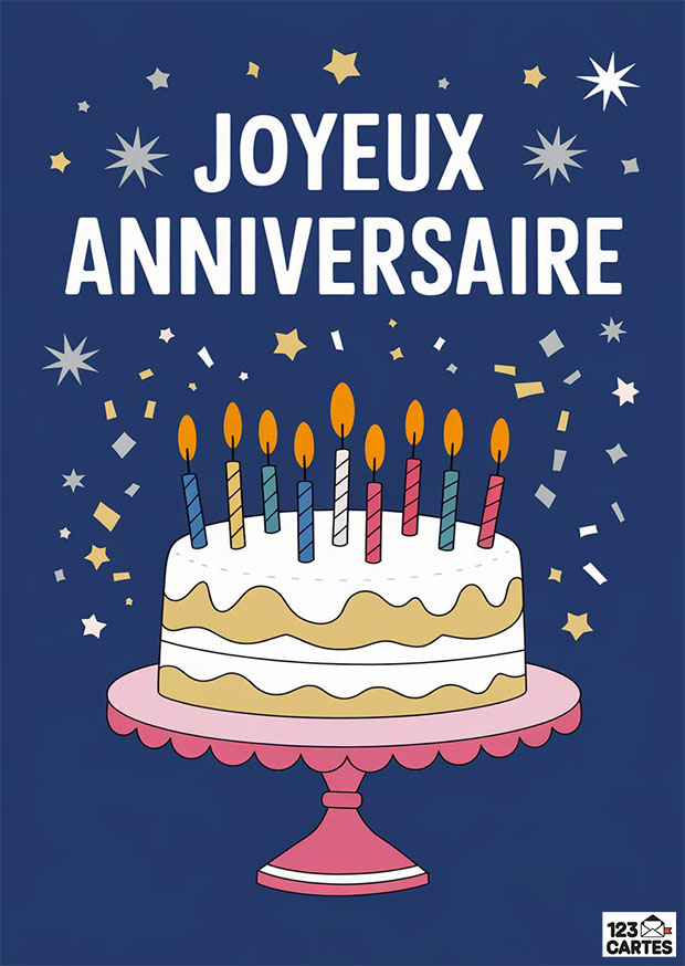 Carte anniversaire festive avec un gâteau et des bougies colorées sur fond bleu étoilé.