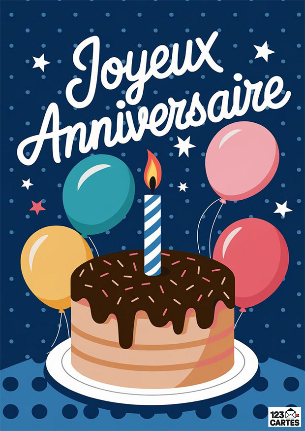Carte d'anniversaire avec gâteau au chocolat, bougie allumée et ballons colorés. Texte Joyeux Anniversaire. Festif et joyeux.