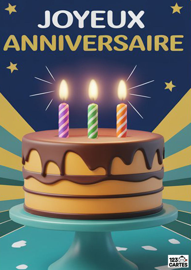 Carte d'anniversaire avec gâteau à trois bougies et texte Joyeux anniversaire. Tons bleus et jaunes festifs.