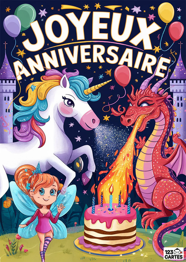 Carte anniversaire féérique avec licorne, dragon, fée et gâteau. Enchantement et magie pour enfants. Ballons et étoiles inclus.