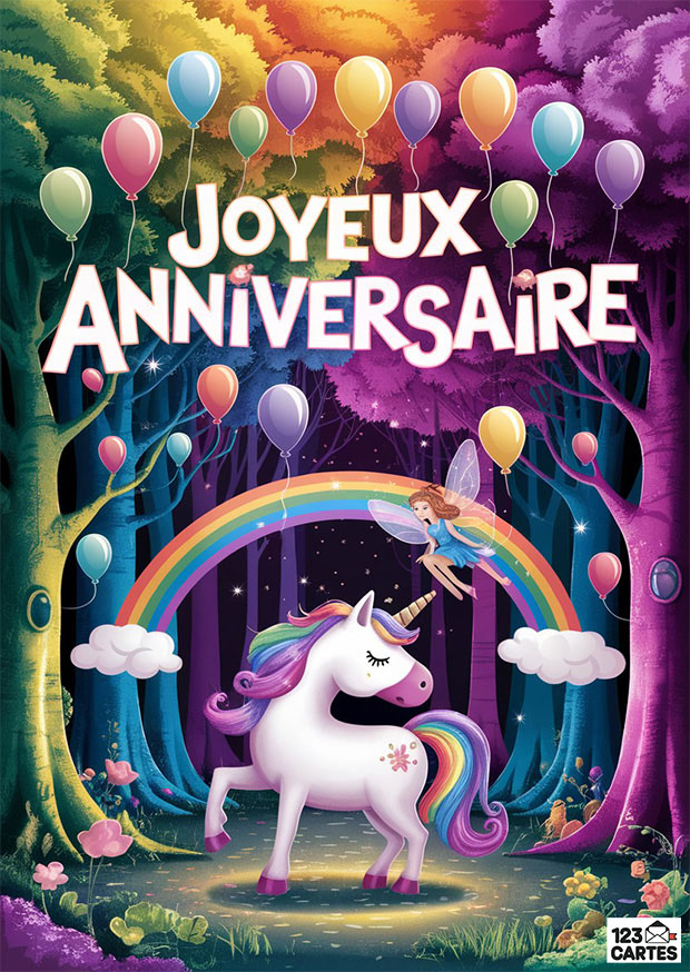 Carte d'anniversaire féérique avec licorne, arc-en-ciel et fée, décorée de ballons colorés dans une forêt magique.