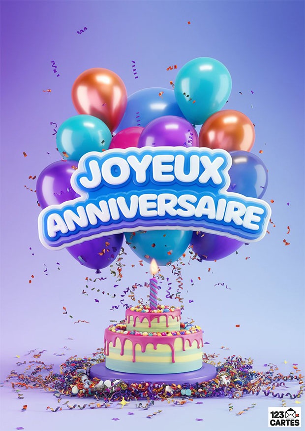 Carte anniversaire festive avec ballons colorés, gâteau décoré et confettis. Texte central : Joyeux anniversaire.