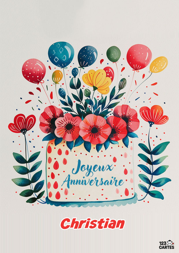 Assortiment de fleurs et de gourmandises sur fond blanc avec texte Joyeux Anniversaire Christian
