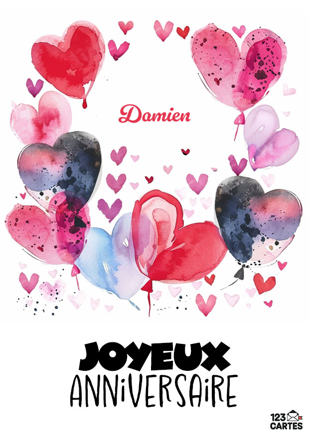Carte d’anniversaire avec des ballons-coeur aquarelle. Fond rempli de petits coeurs. avec le texte Joyeux Anniversaire Damien
