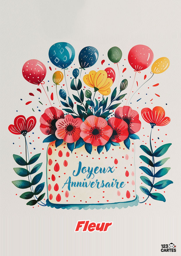 Assortiment de fleurs et de gourmandises sur fond blanc avec texte Joyeux Anniversaire Fleur