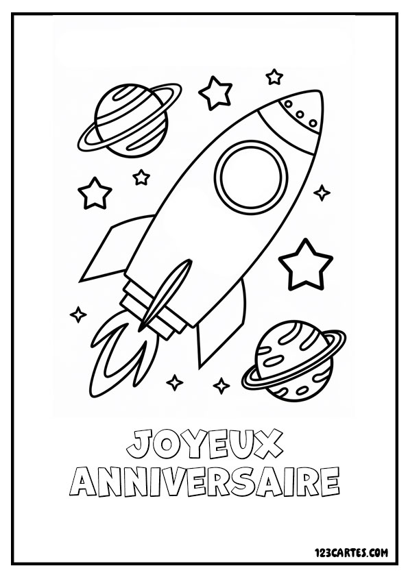 Fusée entourée de d'étoiles, de planètes et d’astéroïdes, évoquant un thème spatial. Coloriage joyeux anniversaire.