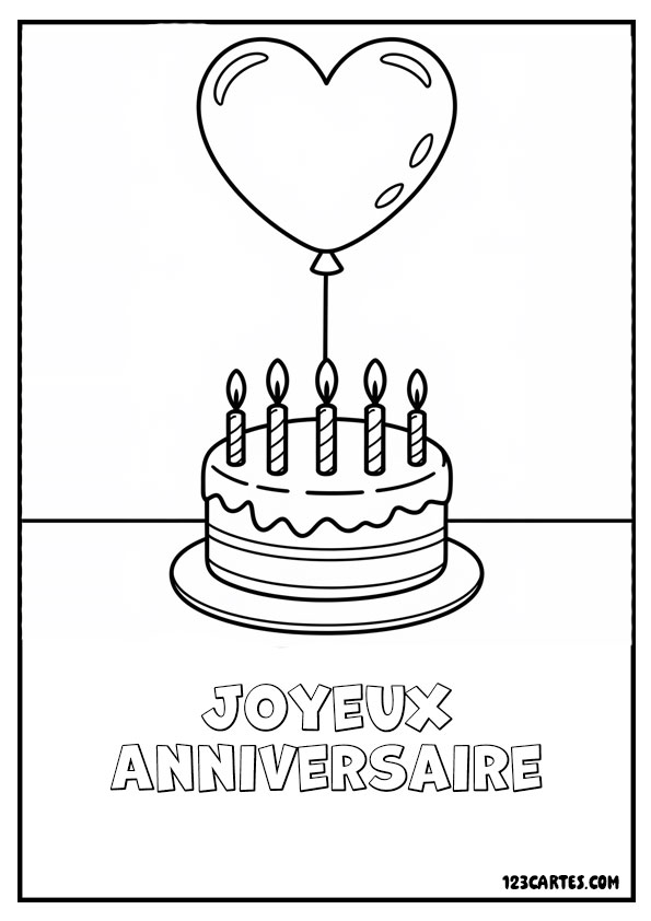 Gâteau rond avec bougies et un ballon en forme de cœur attaché à une ficelle. Coloriage joyeux anniversaire.