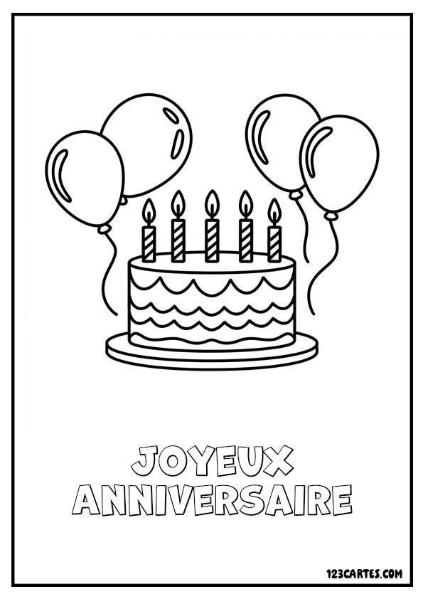 Gâteau rond avec des bougies, entouré de ballons flottants. Coloriage joyeux anniversaire.