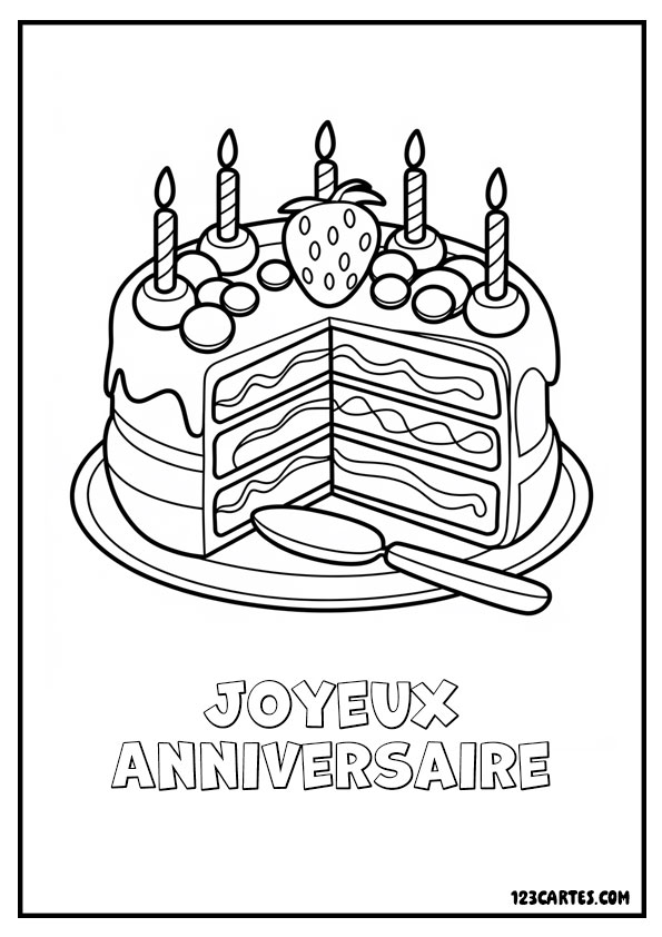Gâteau à étages avec bougies, décoré de fruits et bonbons, avec une part coupée, coloriage joyeux anniversaire.