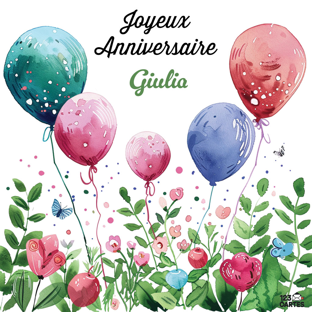 Ballons colorés et fleurs sur fond blanc et texte Joyeux Anniversaire Giulia