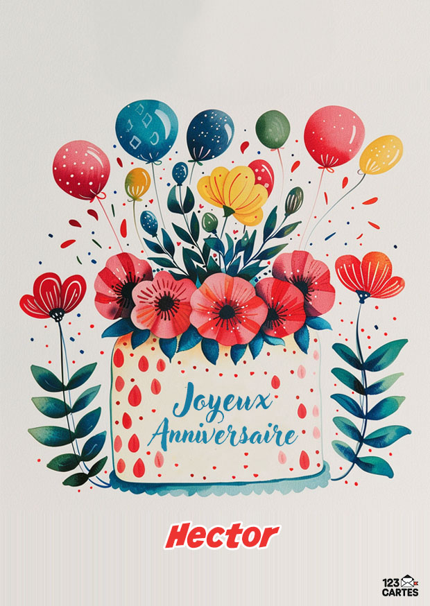 Assortiment de fleurs et de gourmandises sur fond blanc avec texte Joyeux Anniversaire Hector