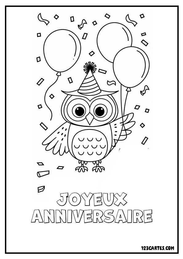 Hibou avec un chapeau de fête, entouré de ballons et de confettis. Coloriage joyeux anniversaire.
