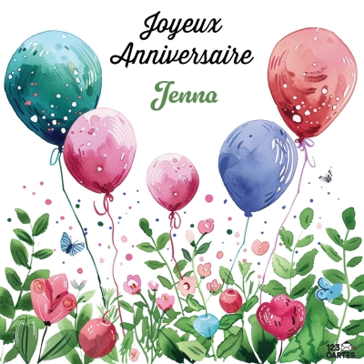 Ballons colorés et fleurs sur fond blanc et texte Joyeux Anniversaire Jenna