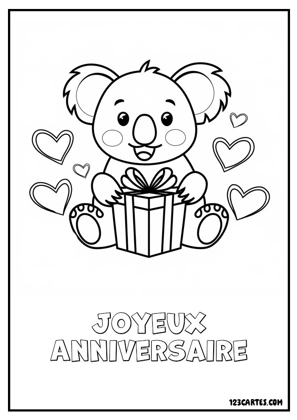 Koala souriant tenant un cadeau entouré de cœurs. Coloriage joyeux anniversaire.