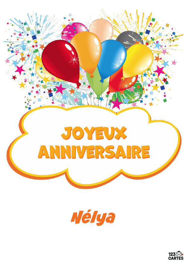 Ballons colorés entourés d’étoiles et feux d’artifice, avec le texte Joyeux Anniversaire Nelya