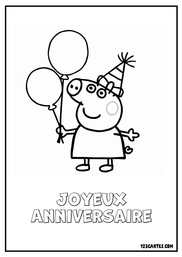 Peppa pig avec un chapeau de fête tenant deux ballons. Coloriage joyeux anniversaire.