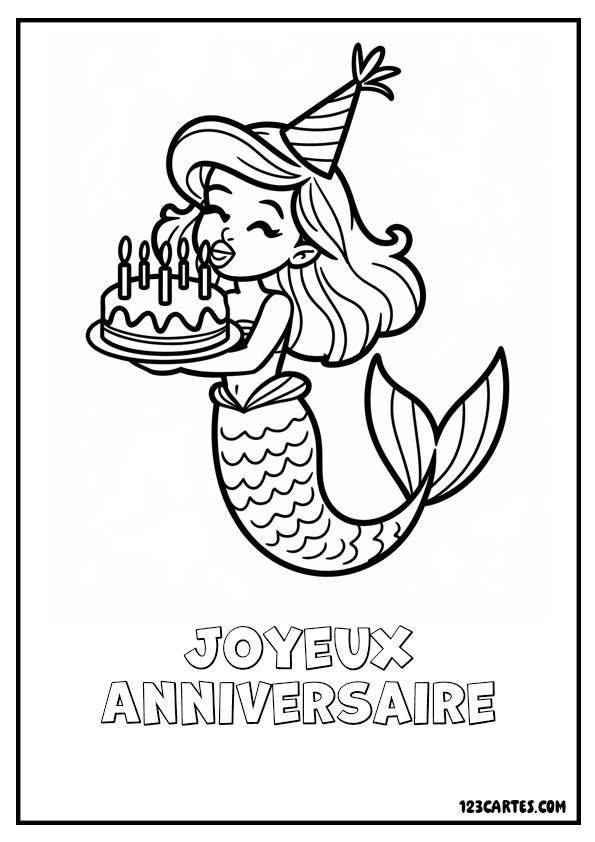 Sirène nageant et soufflant les bougies d’un gâteau. Coloriage joyeux anniversaire.