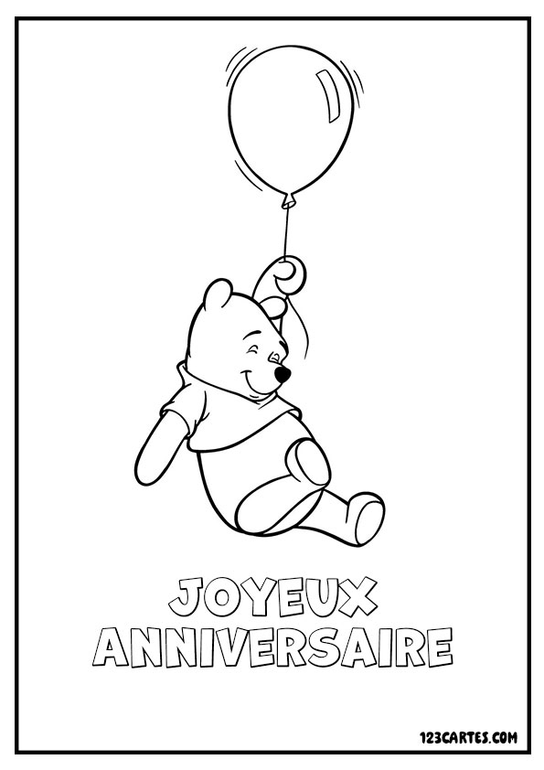 Winnie l'ourson tenant un ballon et semblant flotter dans les airs. Coloriage joyeux anniversaire.