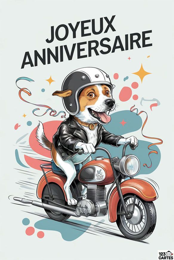 Joyeux anniversaire avec chien motard sur moto vintage, ambiance festive et colorée.