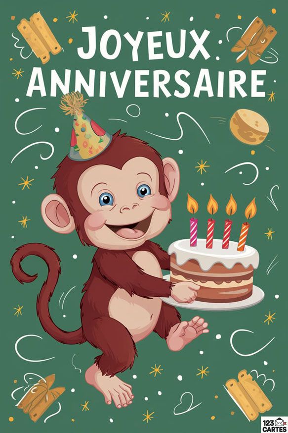 Carte d'anniversaire joyeuse avec un singe mignon, gâteau et bougies colorées sur fond vert festif.
