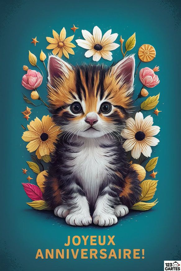 Chaton adorable entouré de fleurs avec texte Joyeux Anniversaire sur fond bleu. Carte mignonne pour célébrer en douceur.